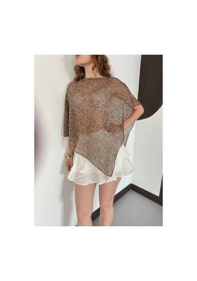 Verymoda Asimetrik Kesim Yarasa Kol Pullu Bluz D3118 Kahve