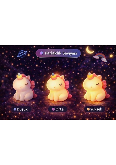 Rose Teknoloji Oturan Unicorn Dokunmatik Gece Lambası 3 Kademeli Otomatik Kapanma Özellikli Yumuşak Işık Beyaz