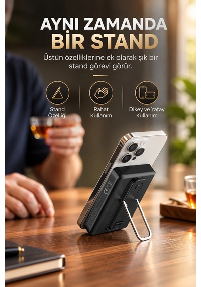 Exenar - Siyah - 10000mah Standlı Pd20w Type-c - Usb-a Scp22.5w - 15w Kablosuz Hızlı Şarj Led Göstergeli Powerbank