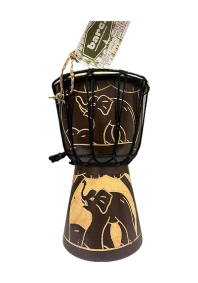 Otantik Ahşap Djembe Davul, 25 Cm, Mahoni Ağacı Ve Keçi Derisi, El Yapımı Bali Endonezya, Fil Figürlü, 14 Cm Deri Çap