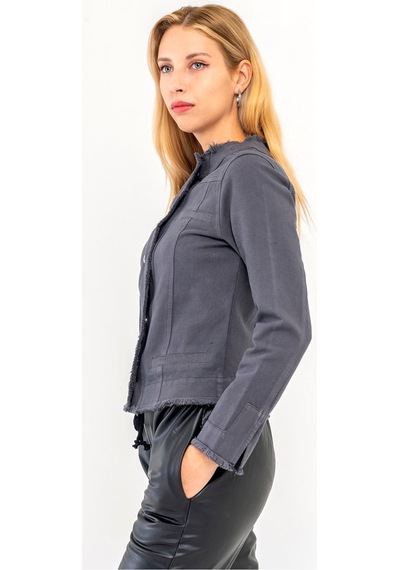 Bold & Young Kadın Yağ Yeşili Power Strech Çıt Çıtlı Slim Fit Denim Ceket Antrasit