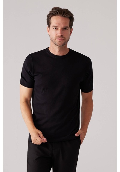 Erkek Siyah Slim Fit Bisiklet Yaka Yazlık Triko Tişört