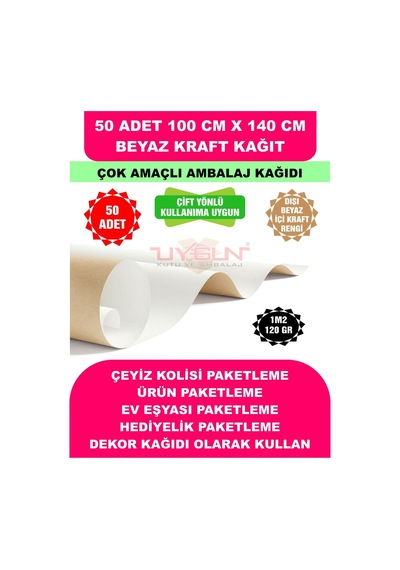 50 Adet 100cm X 140cm 120 Gr. Çift Yönlü Beyaz Kraft Ambalaj Kağıdı, Hediye, Çeyiz Paketleme, Çocuk Etkinlik Kağıdı