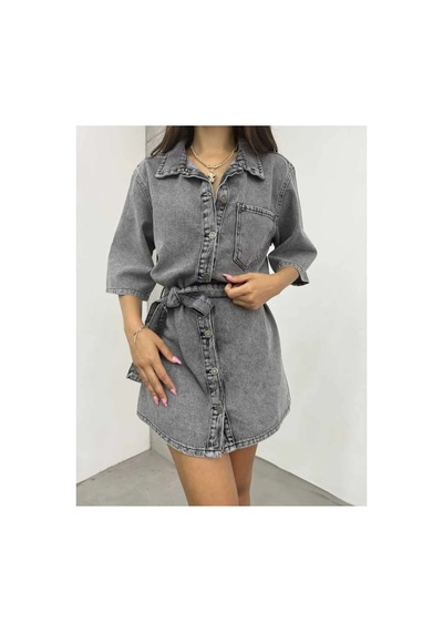 Kene Jeans Kuşaklı Full Düğme Kapamalı Kısa Kot Elbise Kar Siyah