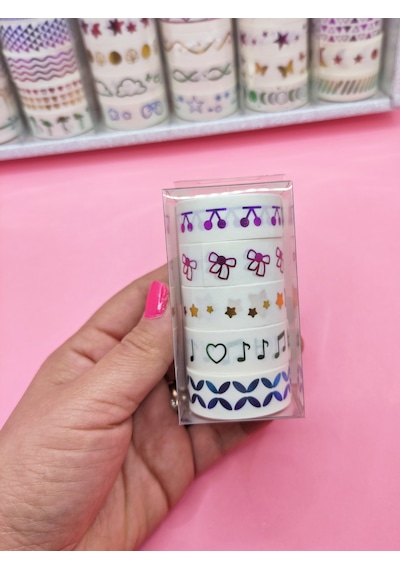 Renkli Yaldızlı Vintage Washi Tape Bant Yapışkanlı Maskeleme Kağıdı 5 Lı - Kiraz 1
