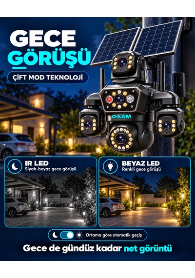 O-kam Oks340 12mp 4 Kameralı 4g Çift Solar Panel Gece Görüş 128gb Hafıza Kartı 15gb İnternet Akıllı Kamera