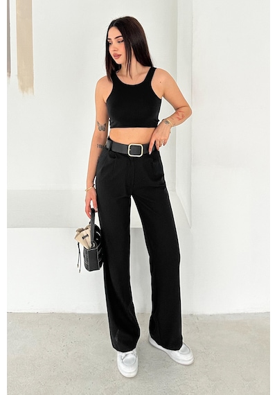 Pileli Yüksek Bel Kemerli Kumaş Pantolon Elegant siyah