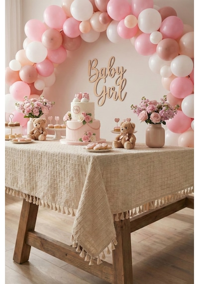 Organizasyon Monika Püsküllü Masa Örtüsü - Baby Shower, Doğum Günü, Nişan Bohem Vintage Buldan Örtü Bej