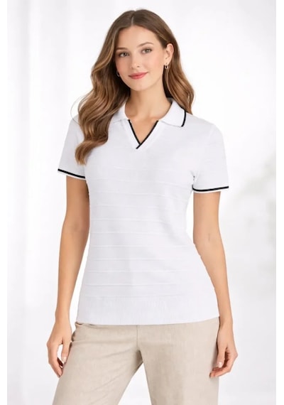 Buğrahayalin Triko Kumaş Yakalı Düğmesiz Açık Yaka Fitilli Kısa Kollu Regular Fit Tişört T-shirt - Beyaz Beyaz