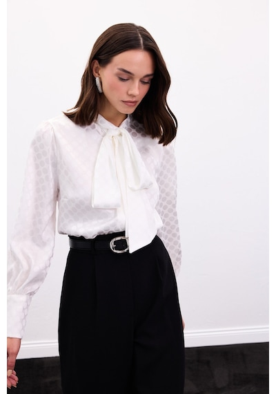 Sateen Puantiye Desenli Gömlek - Ekru-136903 ekru