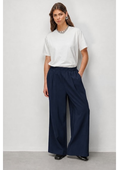 Mizalle Beli Lastikli Modal Dokulu Lacivert Pantolon
