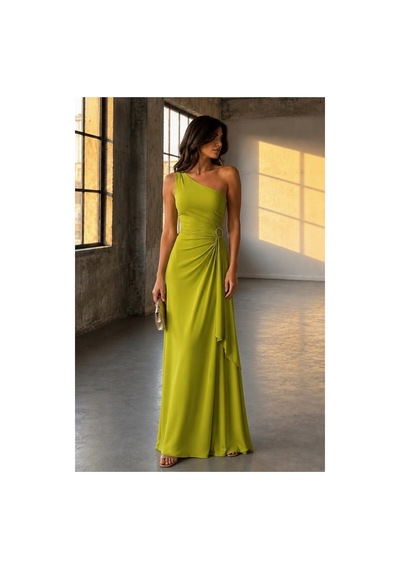 Lior Design Kadın Sade Tek Omuz Kemerli Maxi Abiye Elbise Yeşil