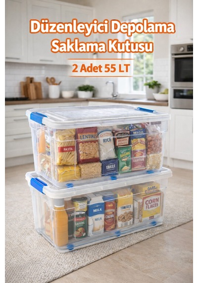 Depolama Düzenleyici 2 Adet 55 Lt Kilitli Tekerlekli Saklama Şeffaf Beyaz