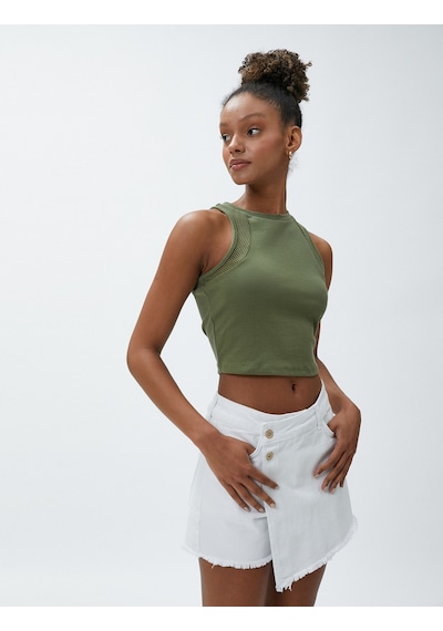 Koton Crop Atlet Halter Yaka File Detaylı Pamuklu Yeşil 3sal30192ık 3SAL30192IK800 Yeşil