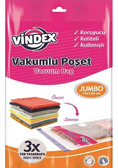 Vindex Vakumlu Giyisi Yastık Yorgan Saklama Torbası Poşeti Hurç - Jumbo - 73x130 Cm. - 1 Paket 140l