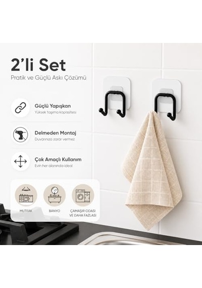 2 Li Güçlü Kancalı Askılık Siyah Yapışkanlı Duvar Askısı, Delmeden Montajlı Havlu Ve Bez Askısı, Banyo, Mutfak Ve Çamaşır Odası İçin Pratik Askı Seti