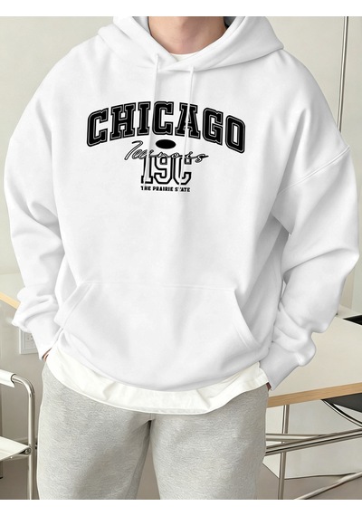 Startmore Startmorechicago Letter Yaratıcılık Baskılı Tişörtü Erkek Trendy Gevşek Spor Giyim Sıcak Temel Kapüşon Beyaz