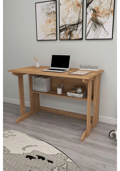 Enda Home Pillar Kütüphaneli Geniş Çalışma Masası 100x56 Cm Çam Atlantik Çam