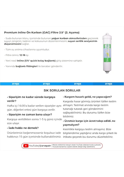 Su Arıtma Cihazı Premium Inline Aşama 2 Ön Karbon Filtre 10 Adet