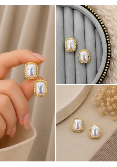 Premium Parlak Gold Renk İnci Görünümlü Şık Dikdörtgen Kadın Bijuteri Küpe Altın - Beyaz