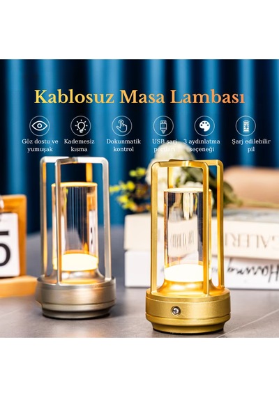 Usb Şarjlı Dokunmatik Kademesiz Led Gece Lambası Masa Lambası 3ışık Modu Dekoratif Ev Kafe Restoran Altın