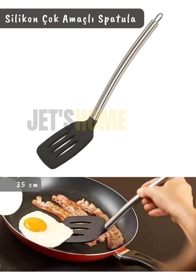 Silikon Spatula Servis Spatulası Çok Amaçlı Spatula Paslanmaz Saplı Siyah 35 Cm
