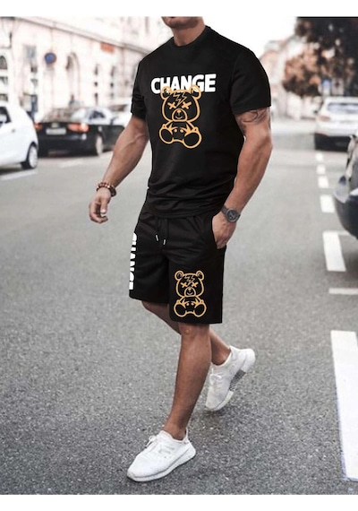 Unisex Oversize Change Baskılı Siyah Bisiklet Yaka T-shirt Şort Siyah