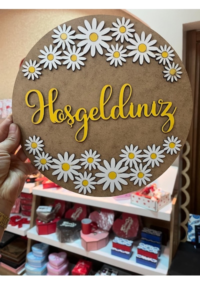 Kişiye Özel Ahşap Hoşgeldiniz Kapı Süsü Lazer Kesim Dekoratif Duvar Süsü Sarı