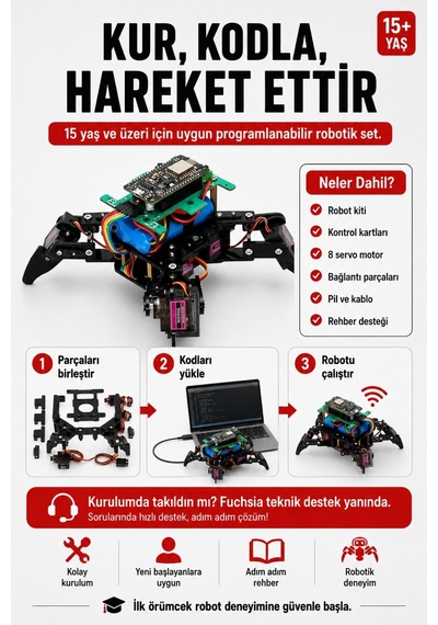 Arduino Örümcek Robot Kiti Wifi Kontrollü 8 Servo Motorlu Programlanabilir Stem Robotik Kodlama Seti - 867322301
