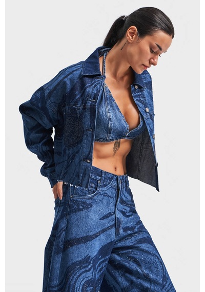 it's basic Kadın Mavi Renk Parlak Taş Detaylı Crop Fit Denim Ceket