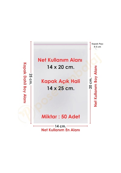 14x20+5 Cm. 14x25 50 Adet Şeffaf Bantlı Yapışkanlı Opp Poşet