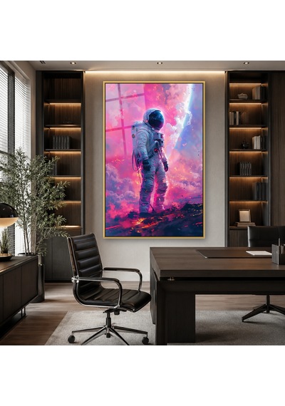 Pembe Bulutlarda Yürüyen Astronot Gold Çerçeveli Cam Tablo