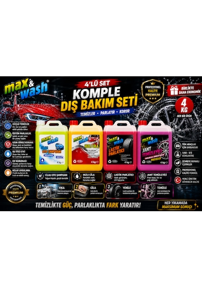 Max&wash 4'lü Komple Dış Bakım Seti 4x4 Kg Cilalı Oto Şampuan + Hızlı Cila + Lastik Parlatıcı + Jant Temizleyici Profesyonel Araç Bakım Seti