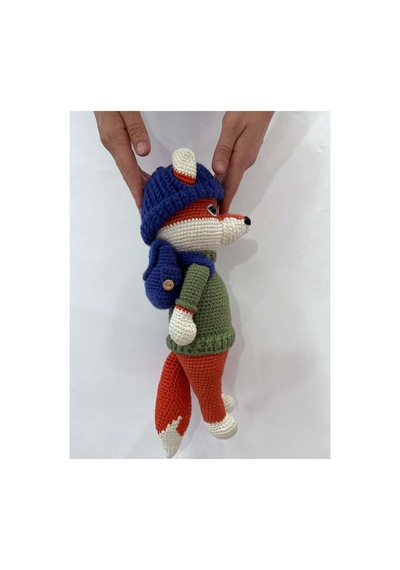El Yapımı Amigurumi Tilki Oyuncak - Bereli Sırt Çantalı Örgü Peluş - 34 Cm Turuncu