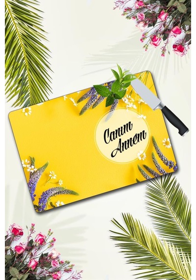 Canım Annem Sarı Karanfil Cam Kesme Tahtası 30 Cm X 40 Cm