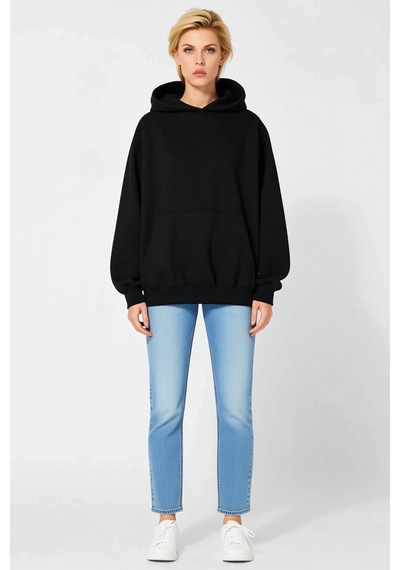 Ersefa Kadın Kapüşonlu Pamuklu Üç İplik Unisex Sweatshirt Reglan Kollu R siyah
