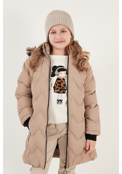 Lela Peluş Astarlı Yakası Suni Kürklü Çıkarılabilir Kapüşonlu Kışlık Kız Çocuk Mont 5761905 Vizon
