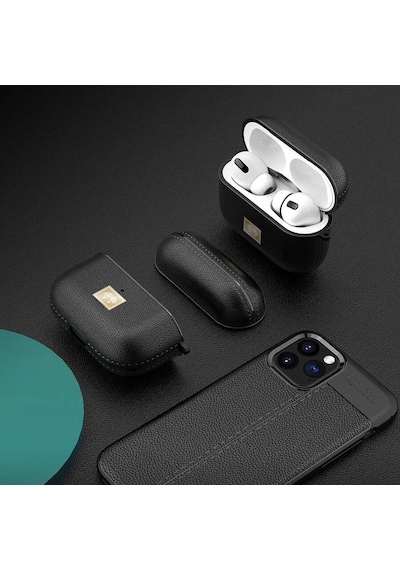 Wlons Apple Uyumlu AirPods Pro Kılıf Deri Görünümlü Askılı Koruma Kılıfı Siyah