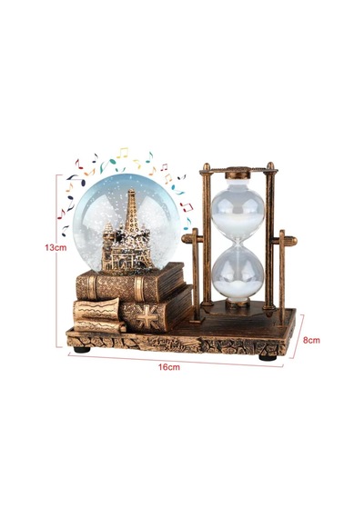 İsme Özel Müzikli Kar Küresi Ve Kum Saati Dekoratif Biblo Eiffel Kulesi Tasarımlı, 16x13x8 Cm