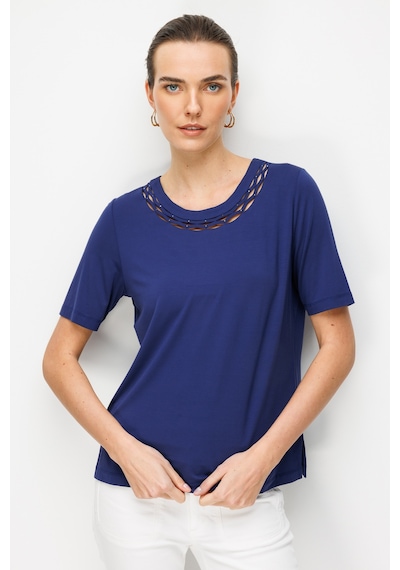 Kadın Sıfır Yaka Yakası Çift Şeritli Taşlı Penye T-shirt Lacivert Lacivert