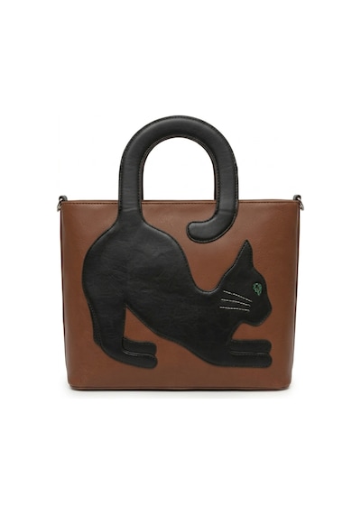 Levano Leather Hakiki Dana Derisi Premium Siyah Kedi Figürlü Kadın El Ve Omuz Çantası taba