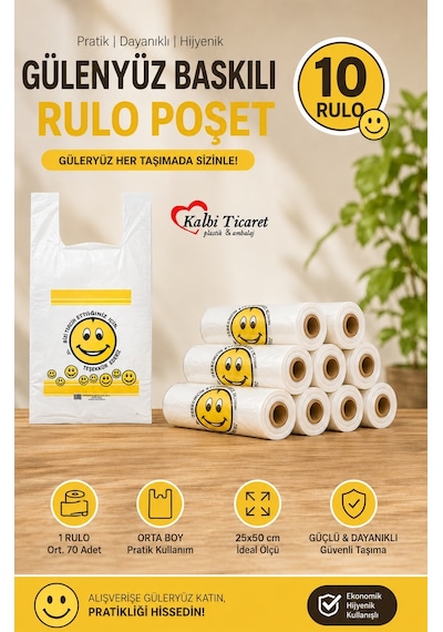 Baskılı Rulo Poşet Orta Boy 10'lu Gülenyüz Hışır Atlet Poşet Market Manav Poşeti Çöp Poşeti