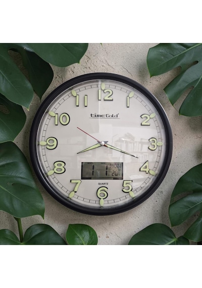 Fosforlu Termometreli Isı Ölçer Dijitalli Kabartma Rakam Duvar Saati Çap 28 Cm Siyah