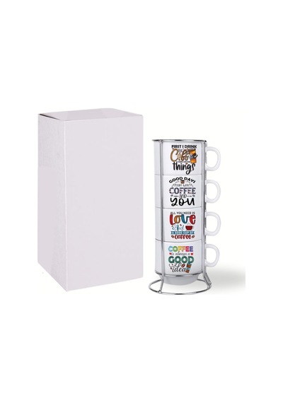 Deepcraft Stantlı 4'lü Fincan Seti Çıkmaz Baskılı Coffe&coffe Desenli Beyaz
