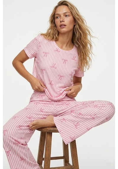 Siyah İnci İnce Soft Örme Mevsimlik Pijama Takımı 8003 Pembe Çizgili Fiyonk