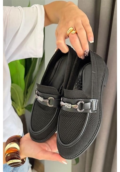 Kadın Marie Siyah Triko Metal Tokalı Kadın Loafer Günlük Makosen Ayakkabı