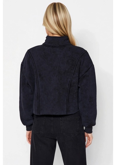Benerly Kadın Dik Yaka Düşük Kol Fermuar Detaylı Crop Sweatshirt Fonksiyo Antrasit