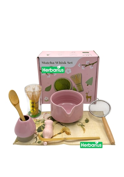 Herbarius 8 Parça Mat Pudra Pembe Renk Matcha Çayı Hazırlama Seti - Geleneksel Japon Matcha Seti
