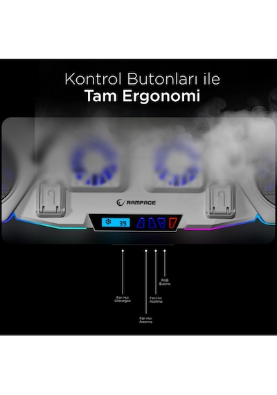 Rampage S50 Glacier Beyaz Rgb Işıklı 11 Fanlı Lcd Göstergeli 1 Type C 1 Usb Girişli Yükselebilen Notebook Soğutucu