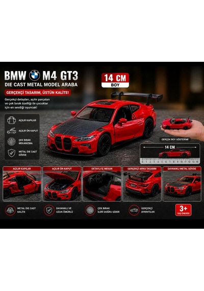 Oyuncak Spor Araba 14 Cm Metal Diecast Model Çek Bırak Açılır Kapı Bmw M4 Gt3 Competition Kırmızı